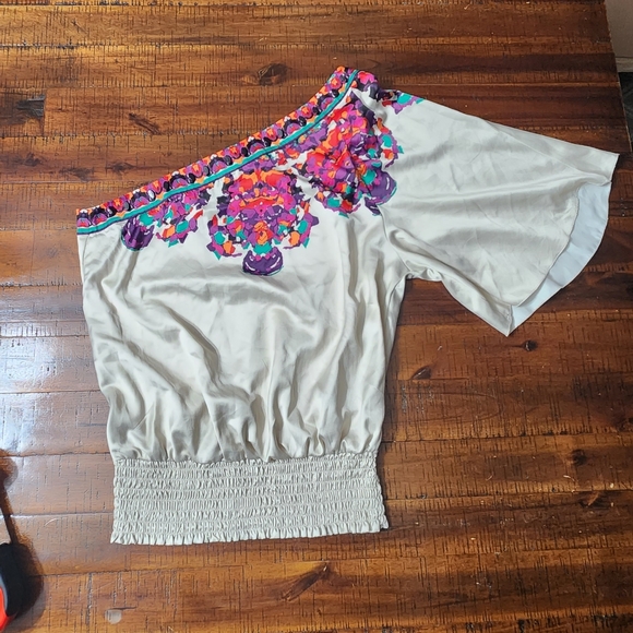 RAMPAGE One Shoulder Tan Purple Orange elastic Ruched Waist Top - Picture 2 of 7